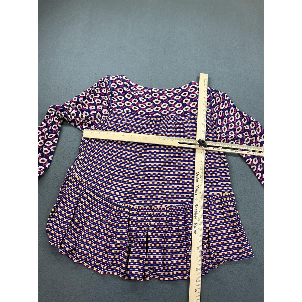 Maeve Anthropologie Shirt Womens Medium Blue Geometric Ruffle Hem Tunic Blouse - Picture 5 of 8